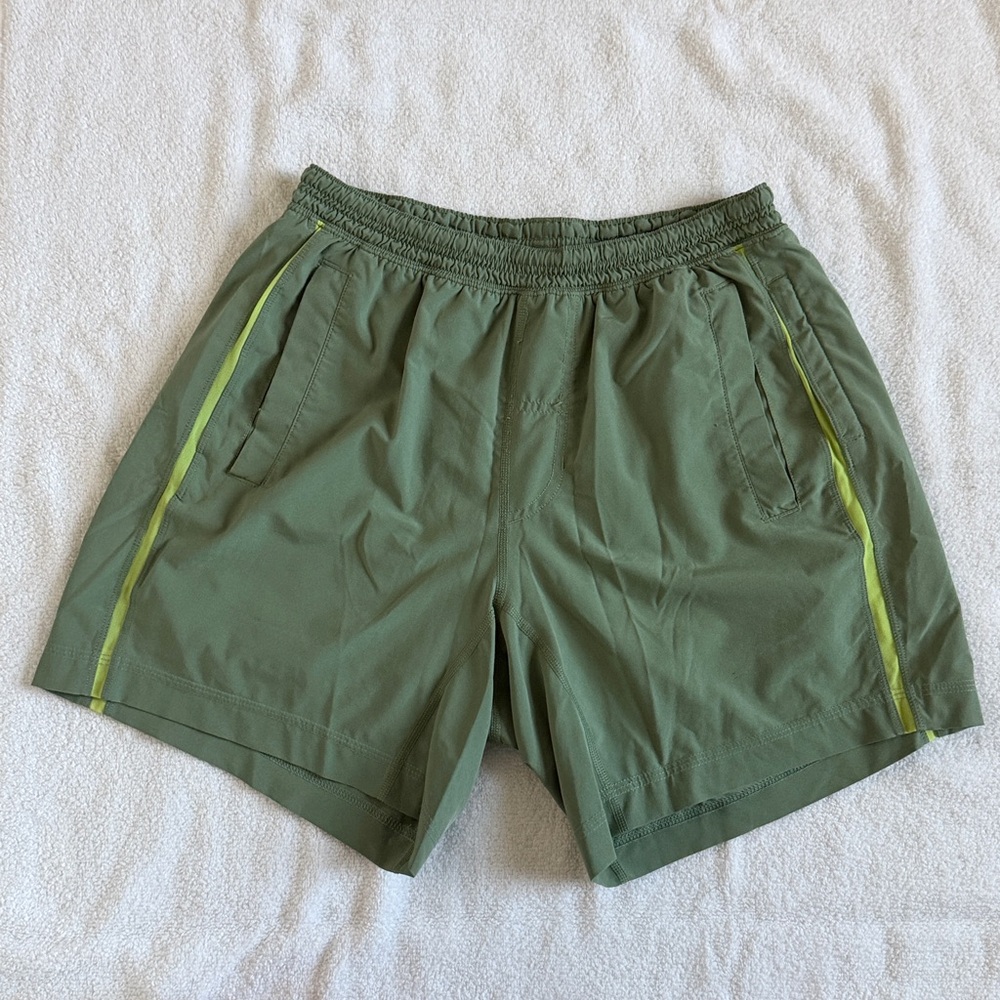 Lululemon Green Athletic Shorts with Yellow Accents